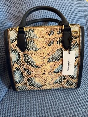 Brahmin Blue, Tan & Black Embossed Leather Satchel